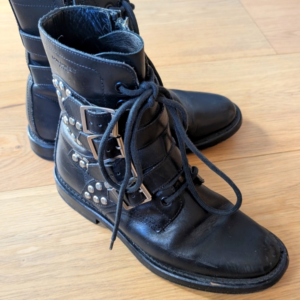 Saint Laurent Black Leather Ranger Boots size 37 EU